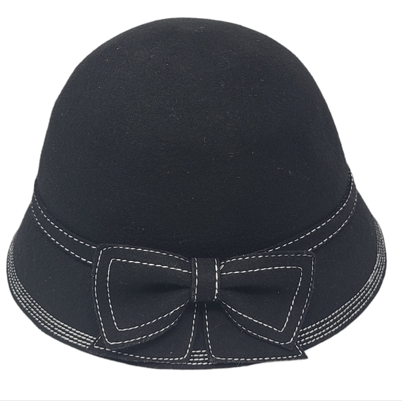 Target Accessories - Cloche Wool Hat Black side Bow White Stitching